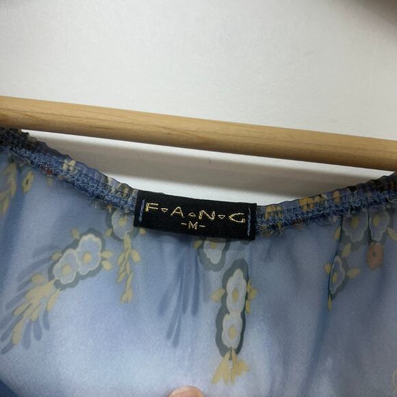 Vintage Y2K 2000s FANG Blue Flower Floral Tie Neck Sheer Blouse Top Medium Boho - Picture 6 of 6